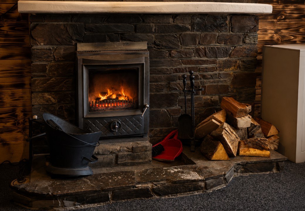 The wood-burning stove and slate hearth at The Quintrell Inn, glowing warmly beside a stack of logs